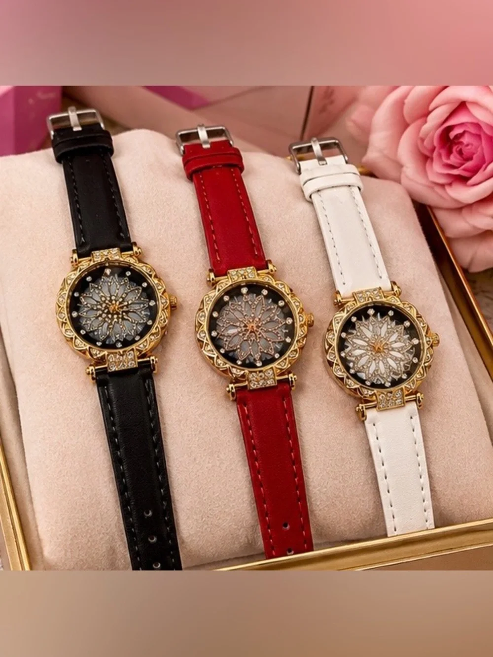 Elegant Floral Crystal Dial Leather Strap Watch - available in White, Red, Black